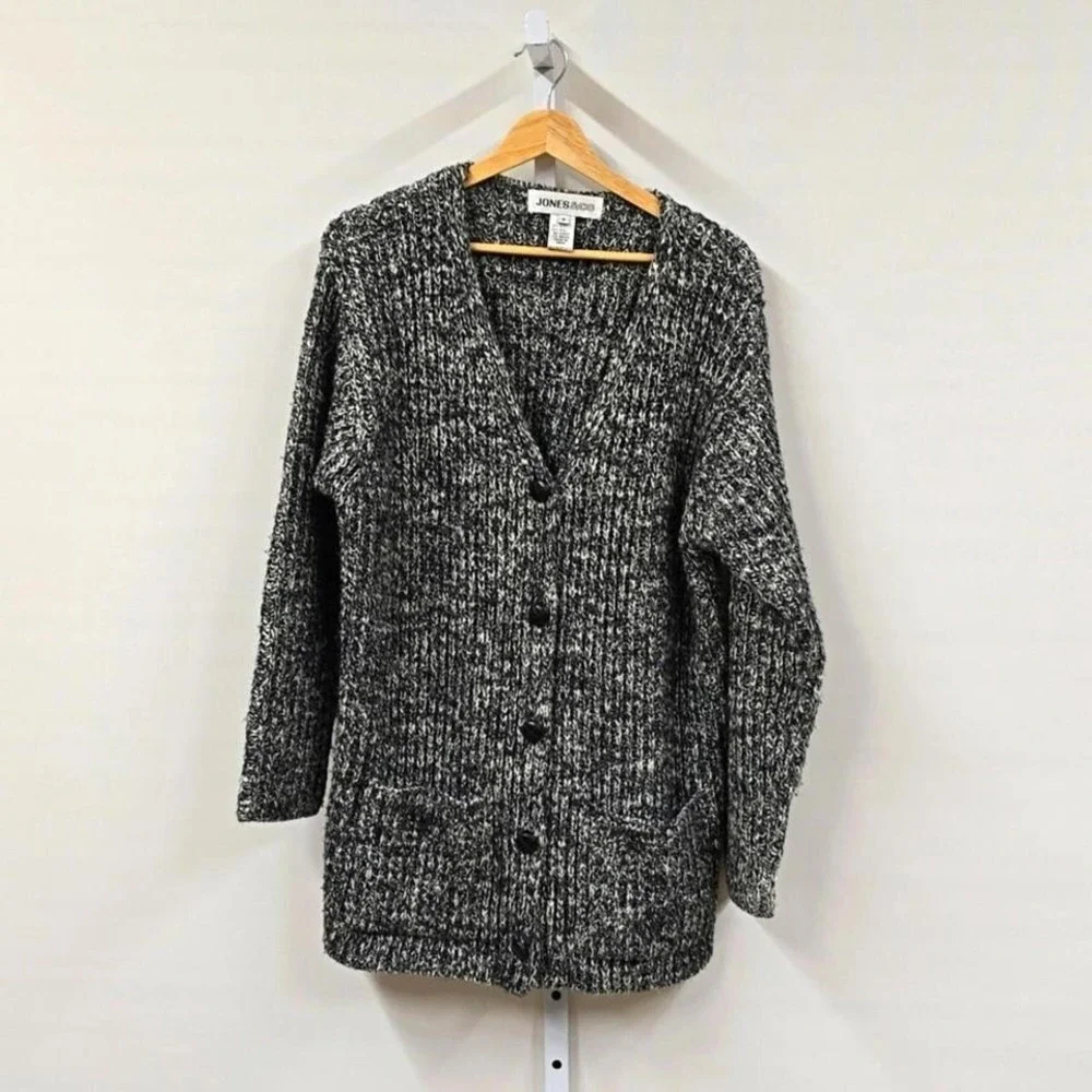 Jones & Co Womens Black White Marled Wool Blend Chunky Knit Cardigan Sweater S